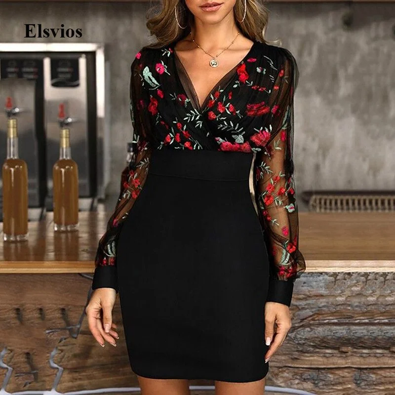 Back to College Spring Floral Embroidery Lace Mesh Mini Dress Women Sexy V-Neck Slim Party Dresses Fashion Vintage Long Sleeve Office Lady Dress