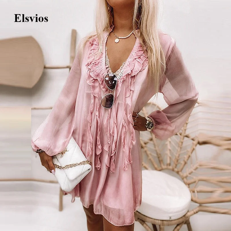 Back to College Spring Summer Women Fashion Mesh Party Dresses Elegant Long Sleeve Loose Chiffon Dress Sexy V Neck Ruffle Lady Beach Mini Dress