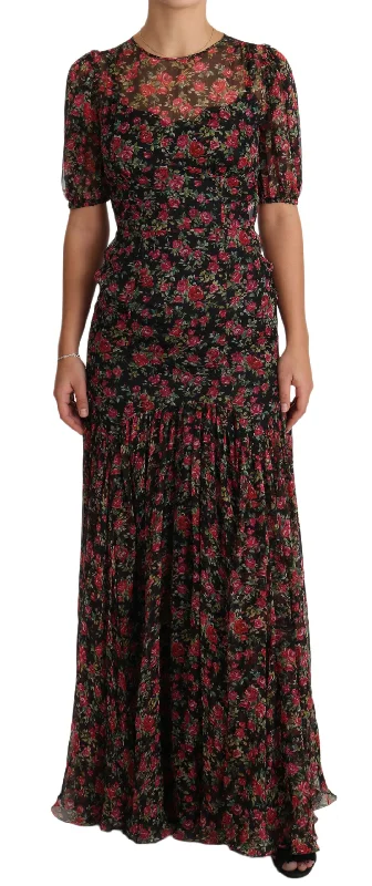 Dolce & Gabbana Elegant Black Silk Floral A-Line Women's Gown