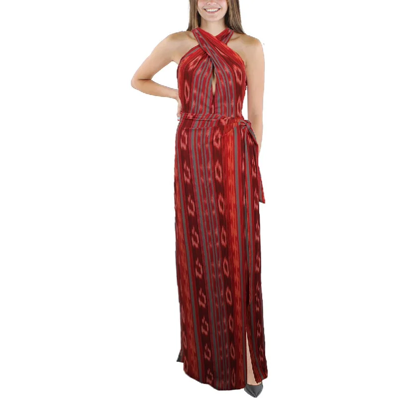 Womens Striped Halter Evening Dress