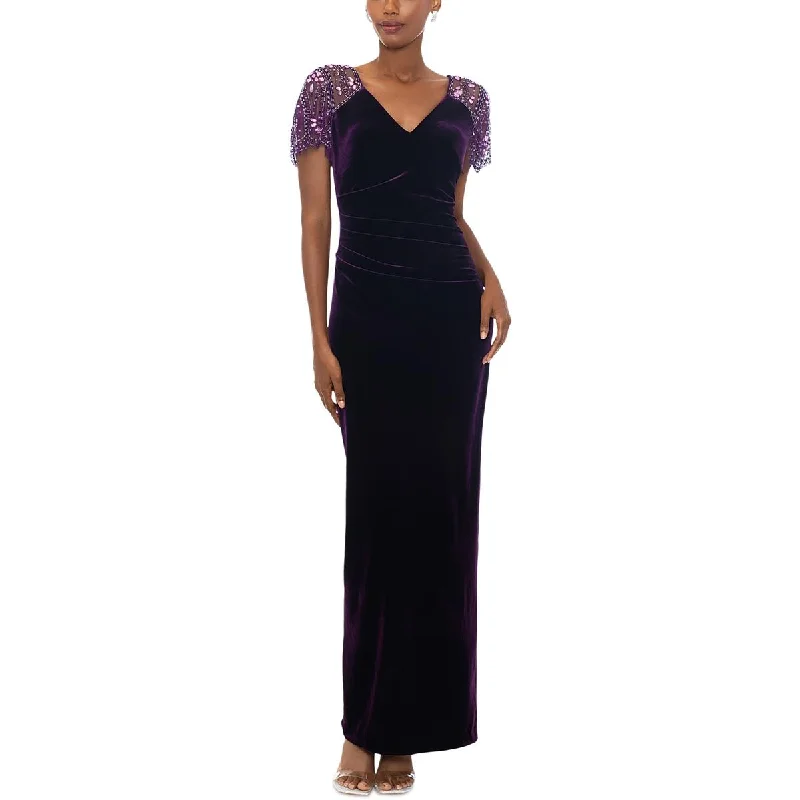 Womens Velvet Embellished Evening Dress