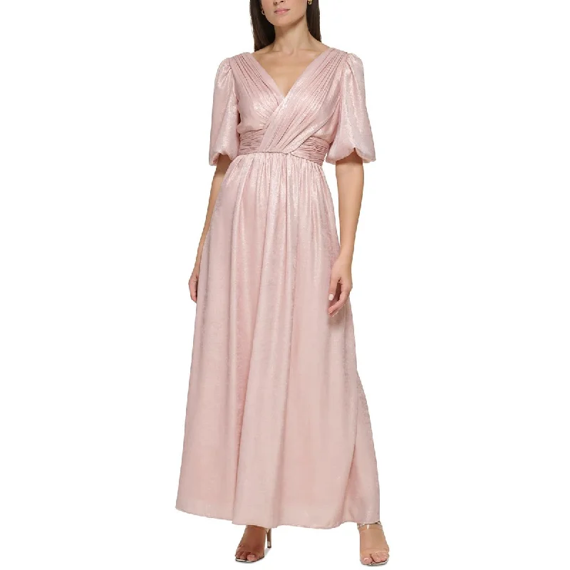 Womens Metallic Puff Sleeve Evening Dress