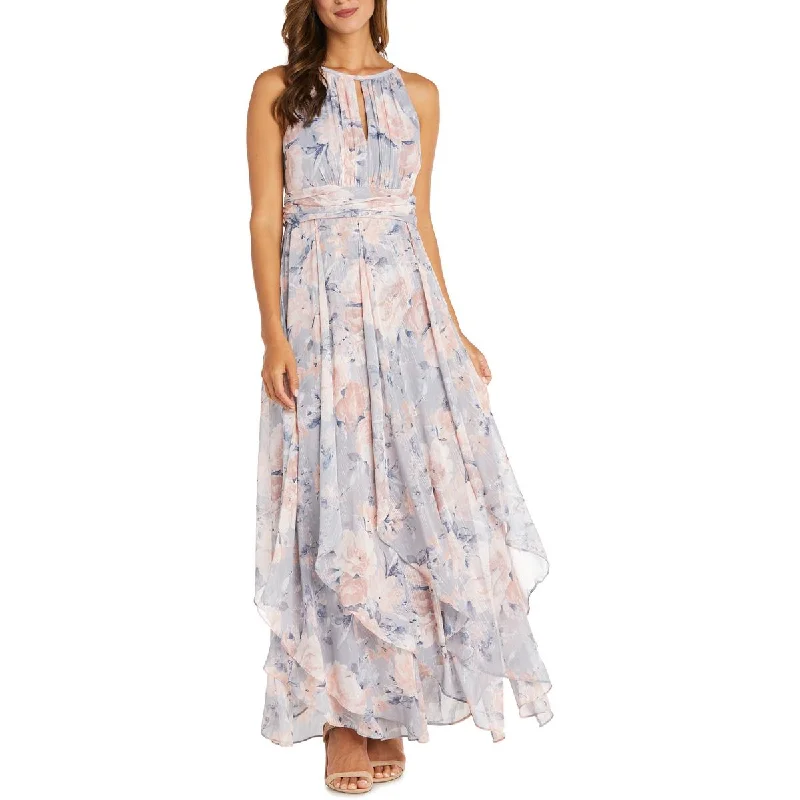 Womens Floral Print Halter Evening Dress