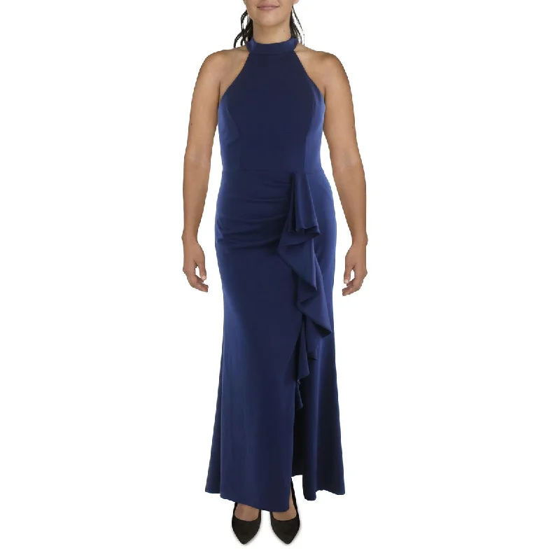 Womens Cascade Ruffle Halter Evening Dress