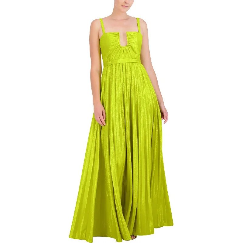 Womens Metallic Shutter Pleat Evening Dress