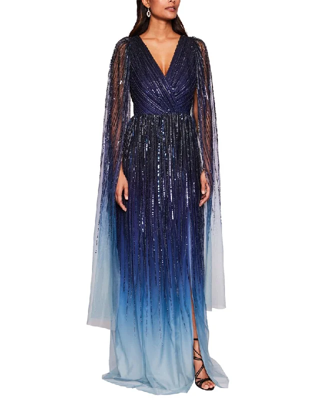 Marchesa Notte V-Neck Caped Gown