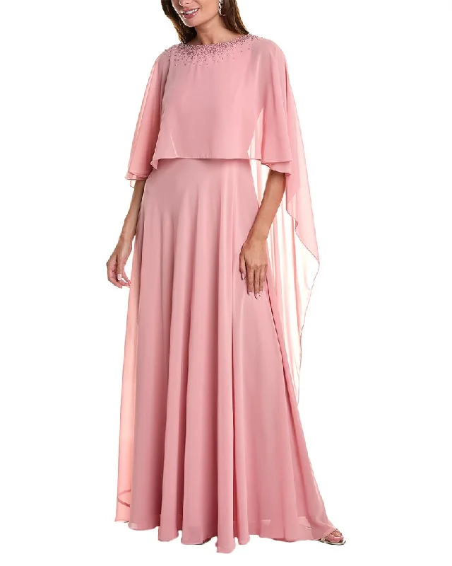 Teri Jon By Rickie Freeman Chiffon Capelet Gown