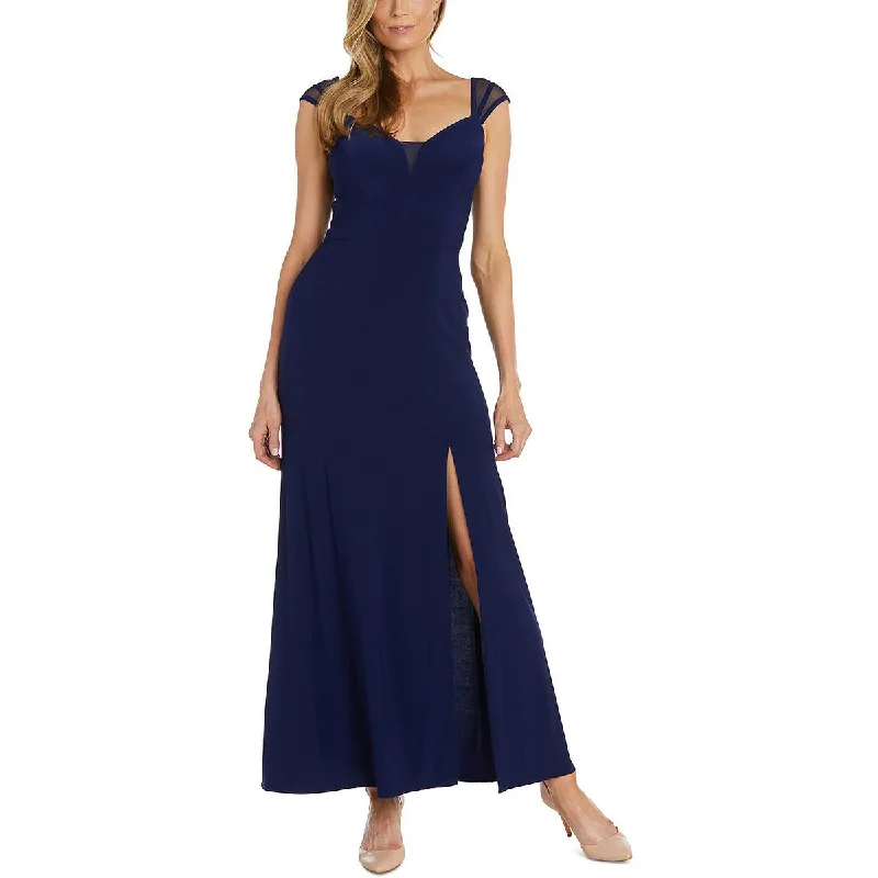 Womens Mesh-Sleeves Long Evening Dress