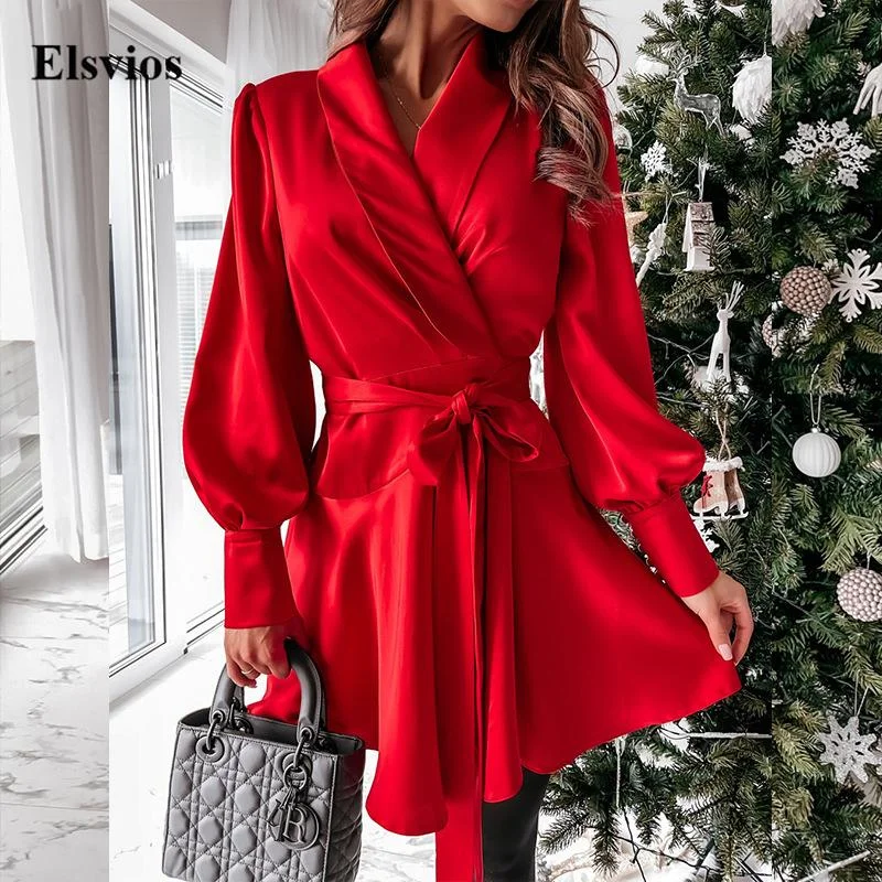 Elegant Button Lantern Long Sleeve Mini Dress Sexy Wrap V Neck Lace-Up Lady Party Dresses Women Fashion Solid Office Shirt Dress