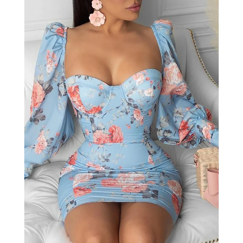 Elegant Fashion Women Slim Fit Leisure Casual Bodycon Mini Dress Female Puff Sleeve Floral Bodycon Party Dress