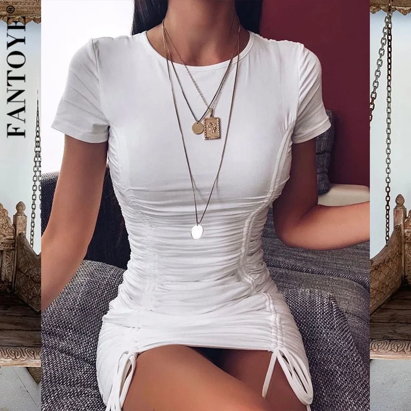 Awakecrm New Ruched Fold Drawstring White Women Dress Summer Short Sleeve Mini Bodycon Party Dress Female Basic Dress Streetwear