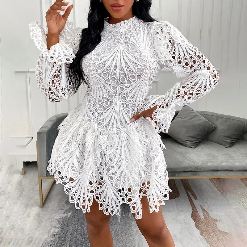 Fashion Clubwear Women Sexy Lace Mini Dress Female  Mini Crochet Hollow-out Flare Sleeve Lady Party Dress