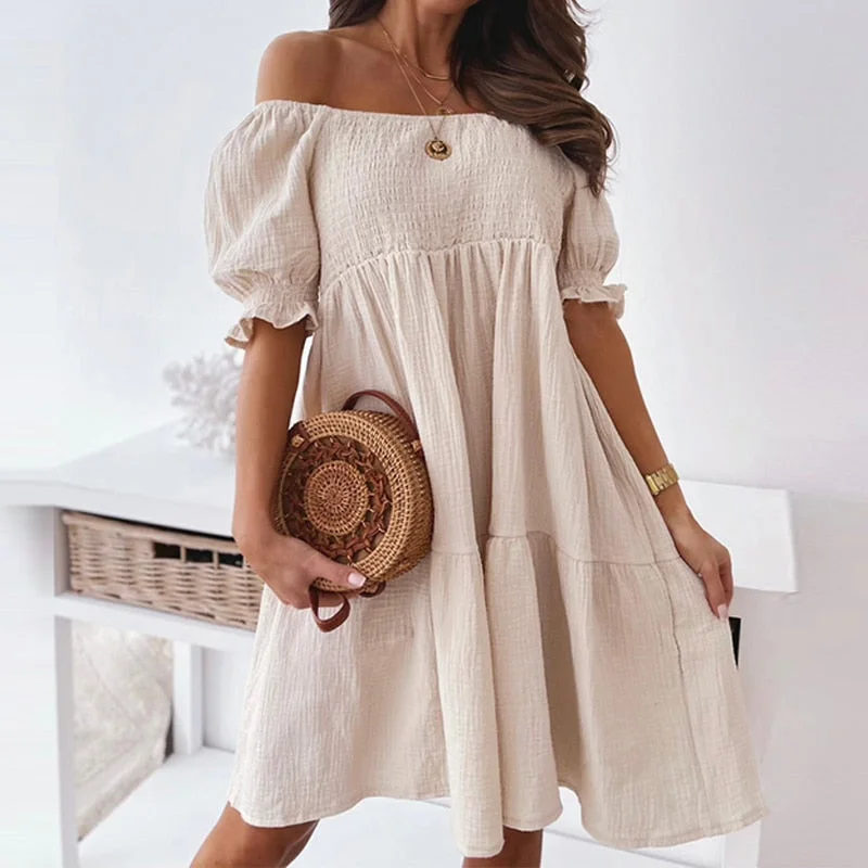 Fashion Sexy Off Shoulder Ruffle Mini Dress Casual Short Sleeve Women Party Dress Elegant Slash Neck Loose Summer Dress Vestidos