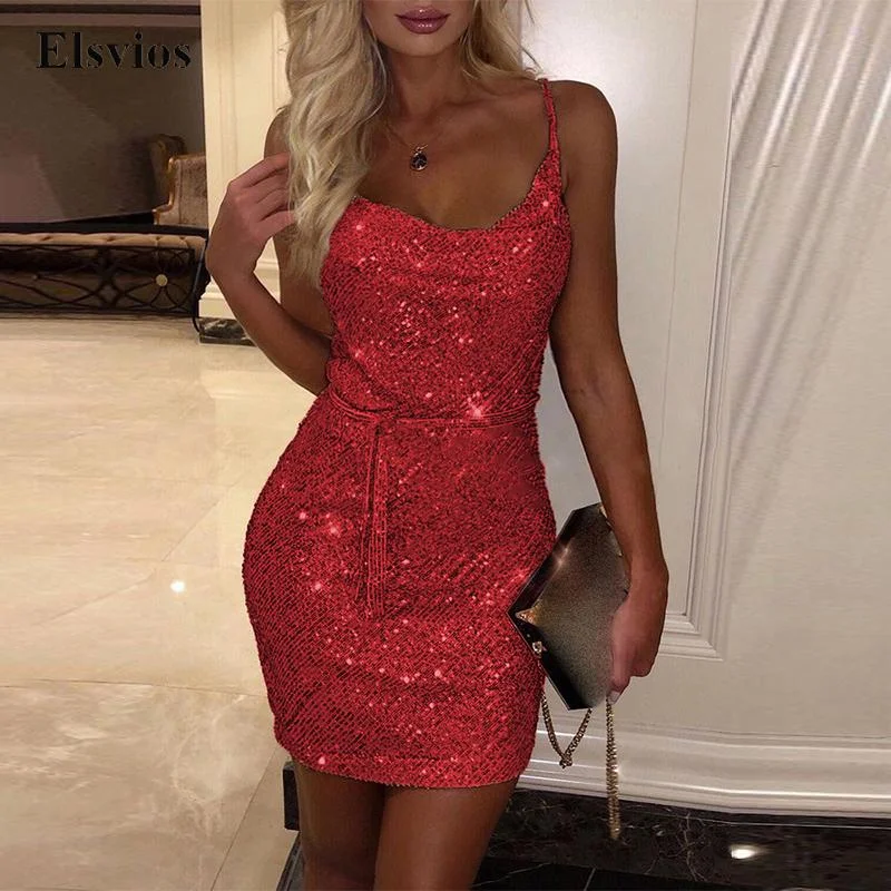 Sexy Slash Neck Sleeveless Bodycon Mini Dress Elegant Women Sling Sequin Dress Fashion Solid Lace-Up Glitter Party Dress Vestido