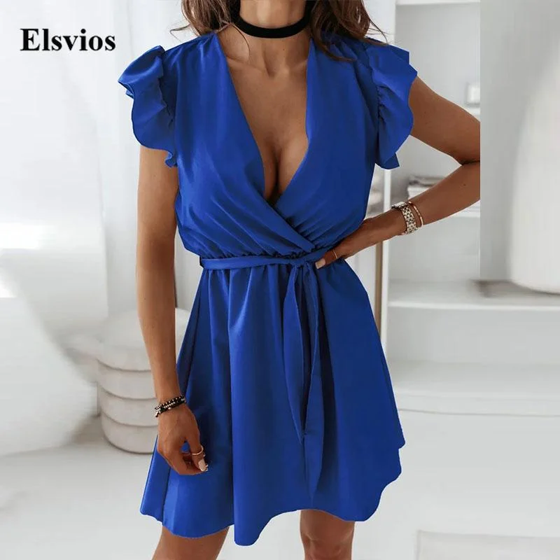 Sexy V-Neck Wrap Tie-up Belt Party Dresses Casual Summer Women Mini Beach Dress Elegant Ruffle Sleeve Loose A-Line Dress Vestido