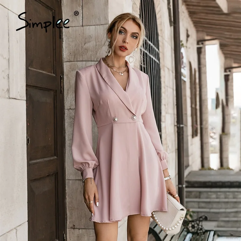 Simplee Office v-neck long sleeves pink A-line mini dress women Elegant buttons solid party dresses Female shawl collar vestidos