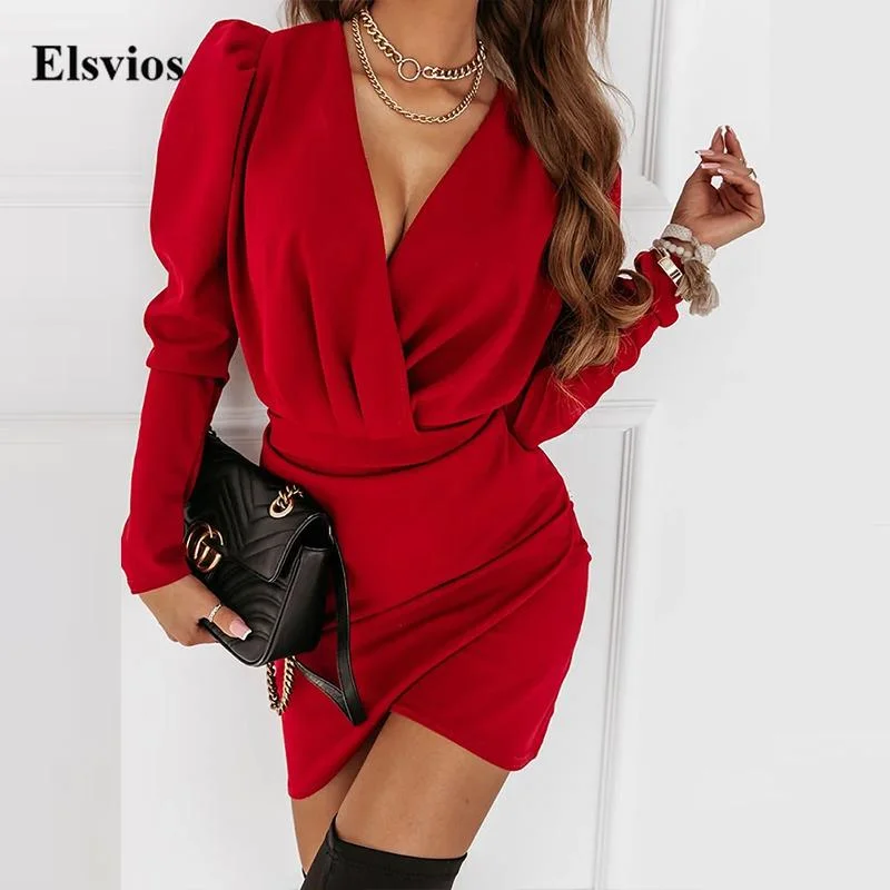 Solid Casual Long Sleeve Women Mini Dress Elegant Puff Shoulder Commute Party Dress Sexy Deep V Neck Office Lady Irregular Dress