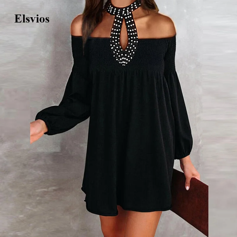 Spring Elegant Bead Halter Office Lady Mini Dress Casual Long Sleeve Women Party Dress Sexy Off Shoulder Hollow Out Black Dress