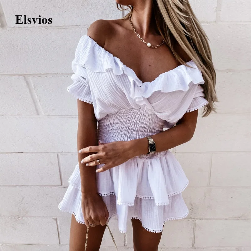 Summer Short Sleeve Women Party Dress Elegant Spring V Neck Lace Mini Dress Fashion Sexy Off Shoulder Ruffle Mini Dress Vestidos