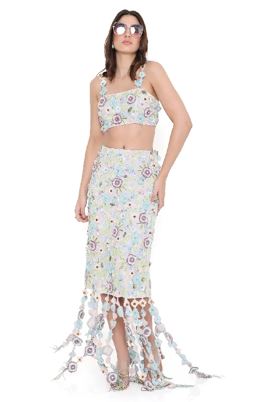 Capri Lilac Embroidered Bustier And Fitted Skirt With Hanging 3D Flowered Tassels - Ready To Ship