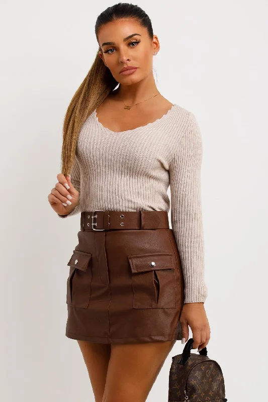 Faux Leather Skorts With Cargo Pockets And Belt Brown