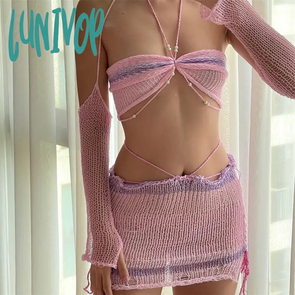 Lunivop Fashion Hollow Out Knitting Top and Skirt Elegant Outfits for Women Summer Hot Halter Matching Set Co-Ord Bandage Skirt Sets