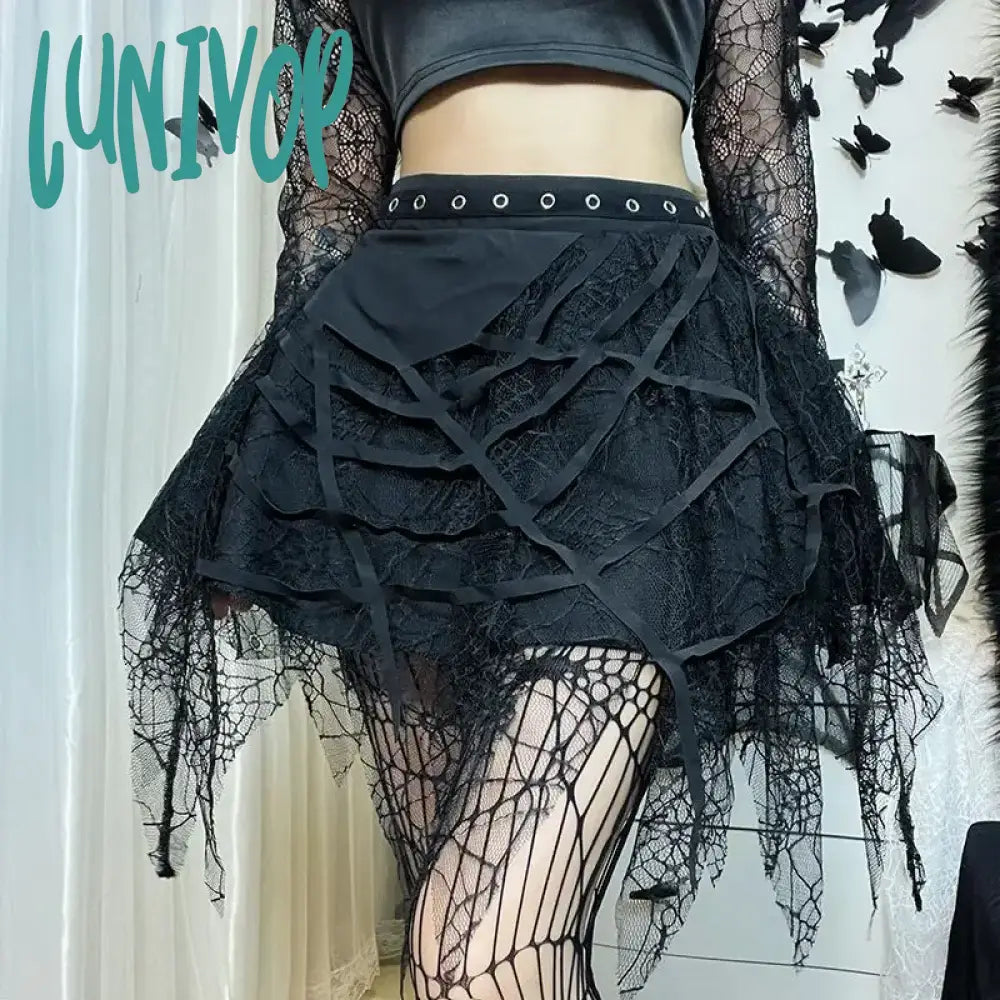 Lunivop Gothic Irregular Black Skirt Women Spider Web Tassel High Waist Skirts Female Fashion New Arrival Streetwear Faldas Mujer