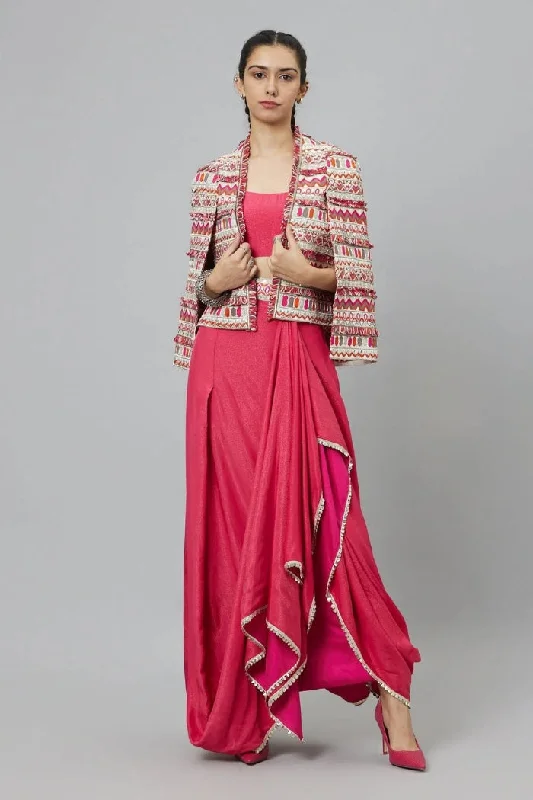 PINK NUSHRAT DRAPED SKIRT AND BUSTIER TEAMED WITH A SIGNATURE STRUCTURED JACKET