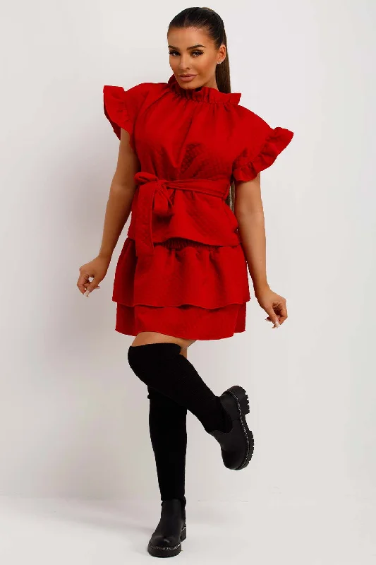 Red Quilted Rara Frilly Skirt And Top Co Ord Set