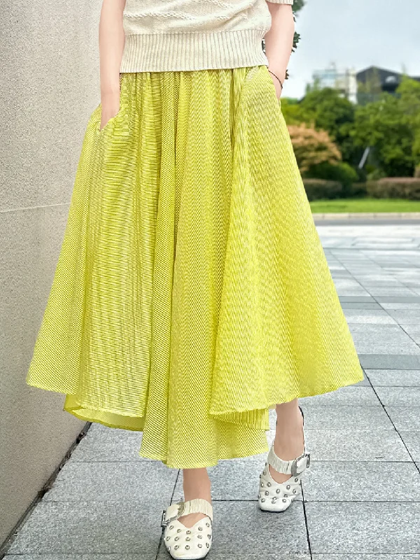 Vibrant Green Textured Stripe Elastic Waist Flare Skirt