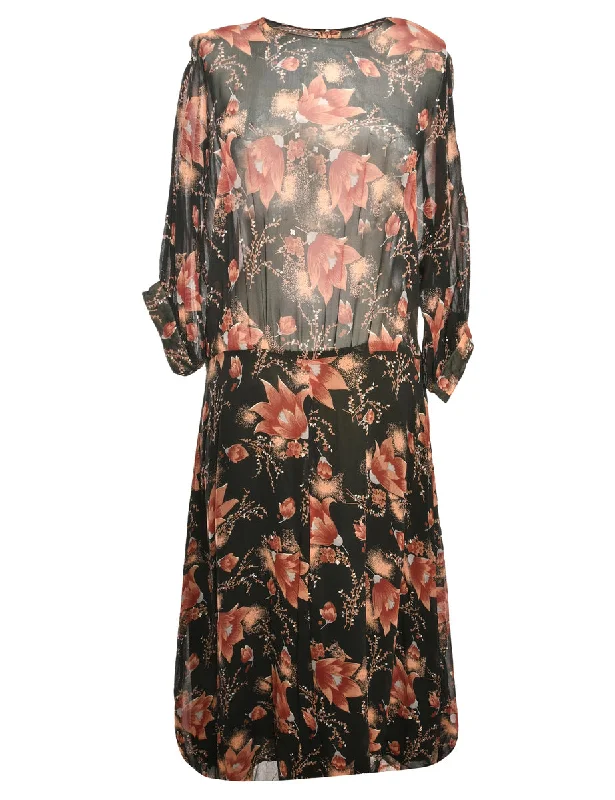 Sheer Floral Maroon & Black Dress - S