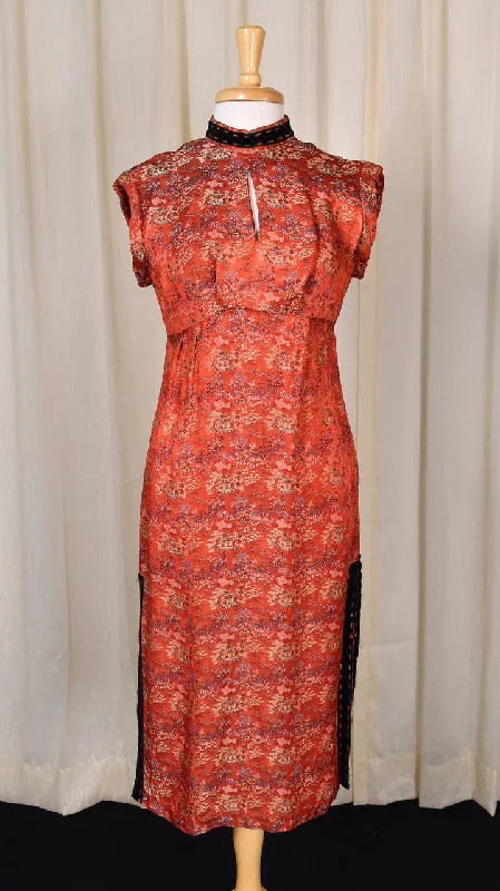 1950s Vintage Red Asian Village Print Dress