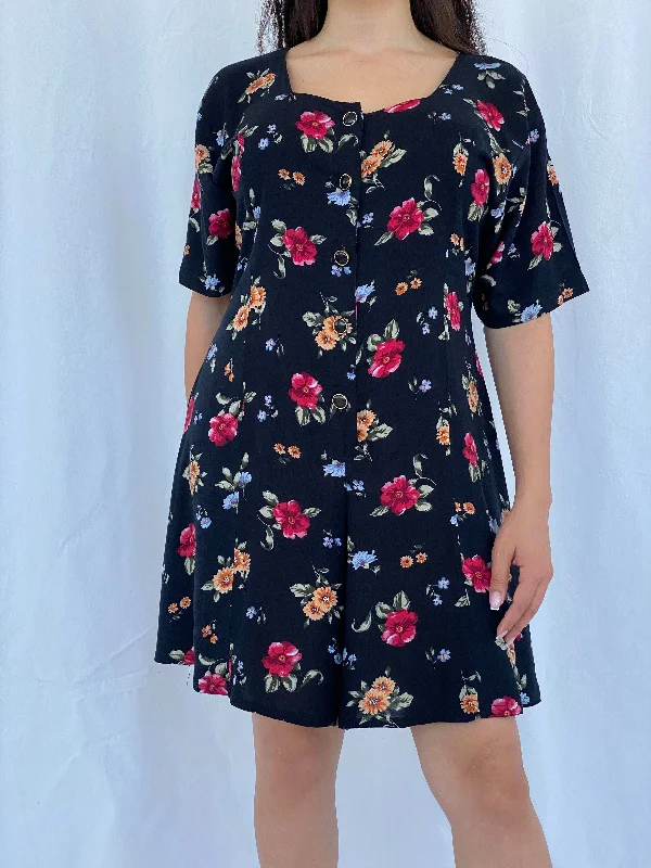 Vintage 90s Center Aisle Black Floral Short Playsuit Size L