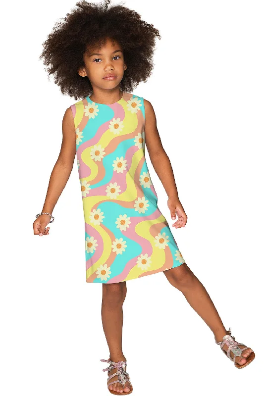 Festival Girl Adele Yellow Floral Print Summer Shift Dress - Girls