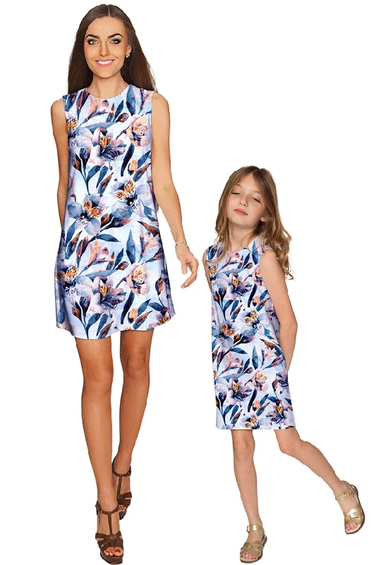 Florescence Adele Blue Floral Print Elegant Shift Dresses - Mommy & Me