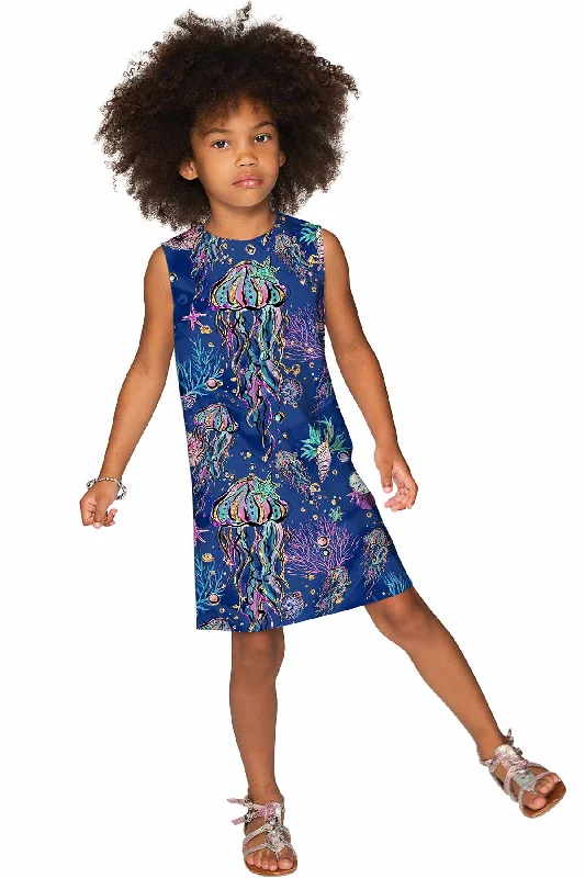 Jellyfish Adele Adorable Blue Sea Print Shift Summer Dress - Girls