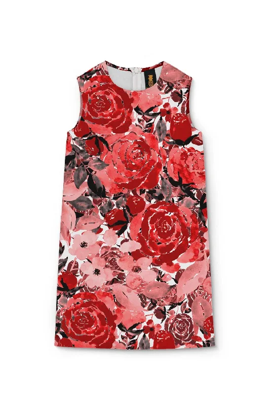 La Fleur Adele Red Floral Print Designer Holiday Shift Dress - Girls