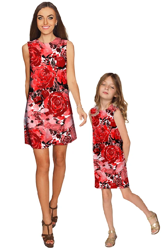 La Fleur Adele Red Floral Print Designer Shift Dresses - Mommy & Me