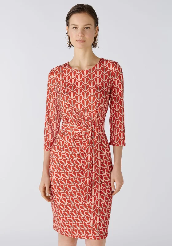 Oui Heart Pattern Silk Touch Knee Length Dress, Red & White