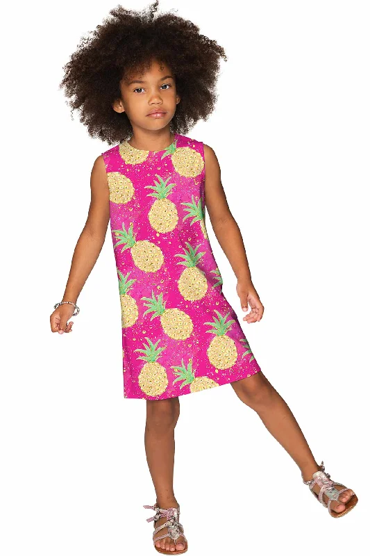 Piña Colada Adele Pink Pineapple Print Shift Summer Dress - Girls