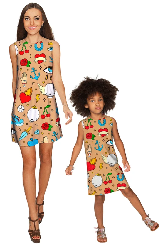 Pretty in Ink Adele Beige Tattoo Print Chic Shift Dresses - Mommy & Me