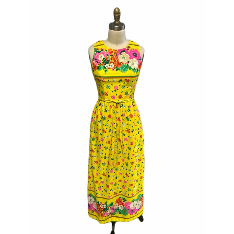 Vintage California Poppy Yellow Floral Sleeveless Dress 1960s Slinky Summer Small