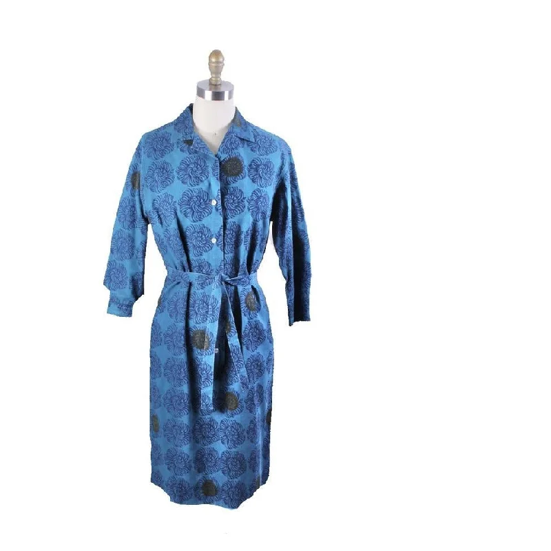 Vintage Marimekko Printed Cotton Shirt Dress 1970s Turquoise Block Batik Print Floral 42/L