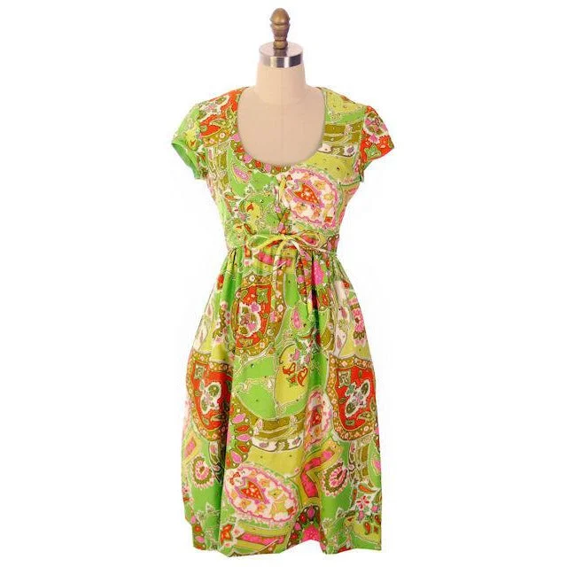 Vintage Summer Dress Cutest 1960s Lime Print/Rhinestones Miles & Miles 36-27-42