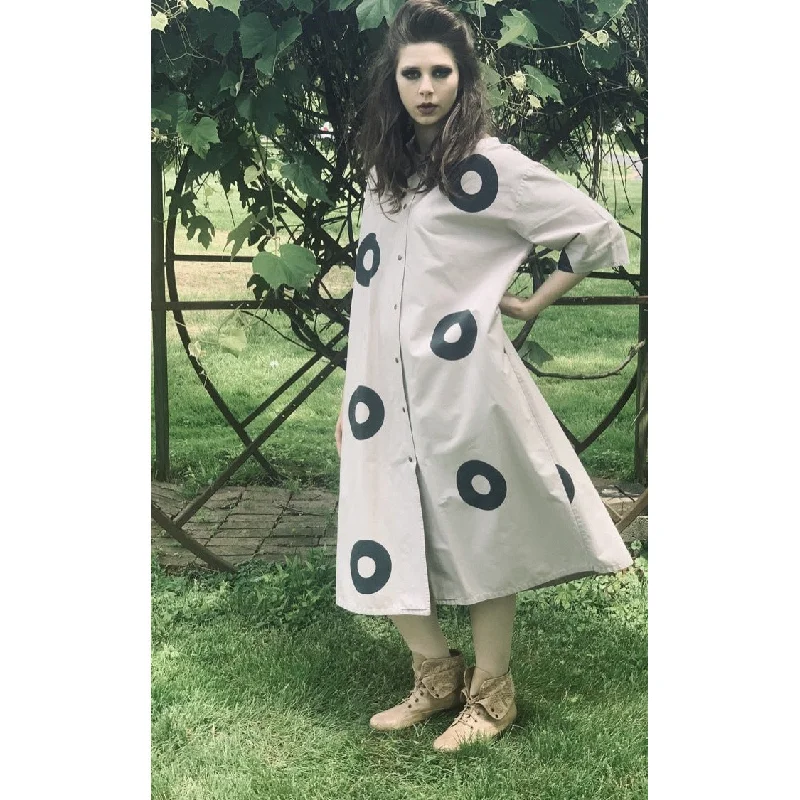 Vintage Mod 1970s  Iconic Vuokko Beige / Gray Circles Geometric Print Coat Dress Sz S