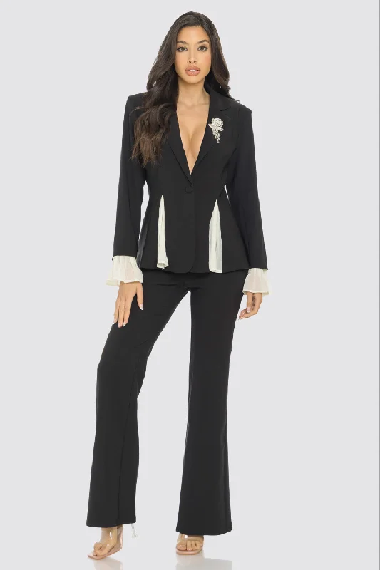 Pleated Contrast Inset Blazer Pant Set