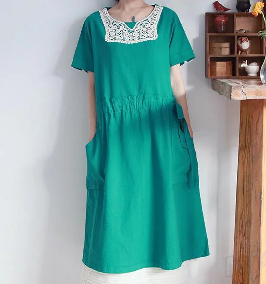 Green Lace Trim Linen Women Dresses Short Sleeves Shift Dresses CH9515