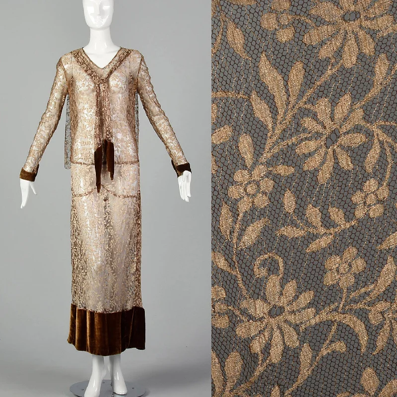 1930s XS Brown Lace Long Sleeve Drop Waist Velvet Trim Dress