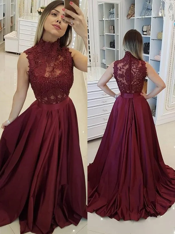 A Line High Neck Lace Beading Burgundy Satin Long Prom Dresses, Burgundy Lace Formal Dresses, Burgundy Evening Dresses