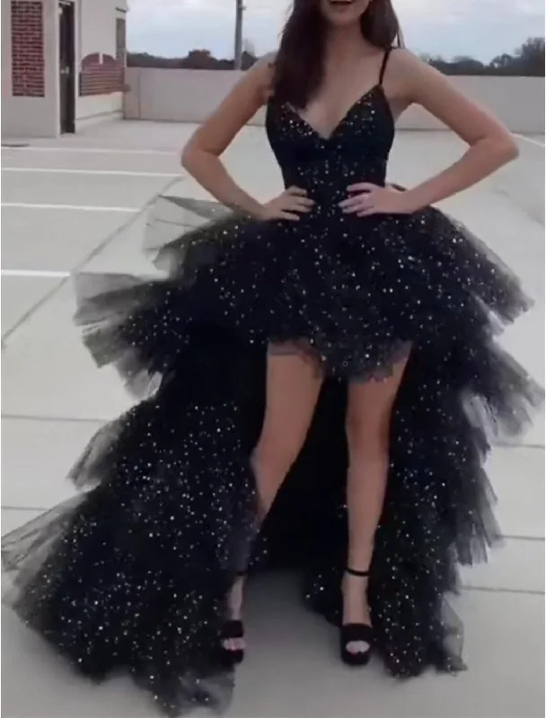 A-Line Prom Dresses Black Dress Dress Birthday Asymmetrical Sleeveless Spaghetti Strap Tulle with Ruched Sequin